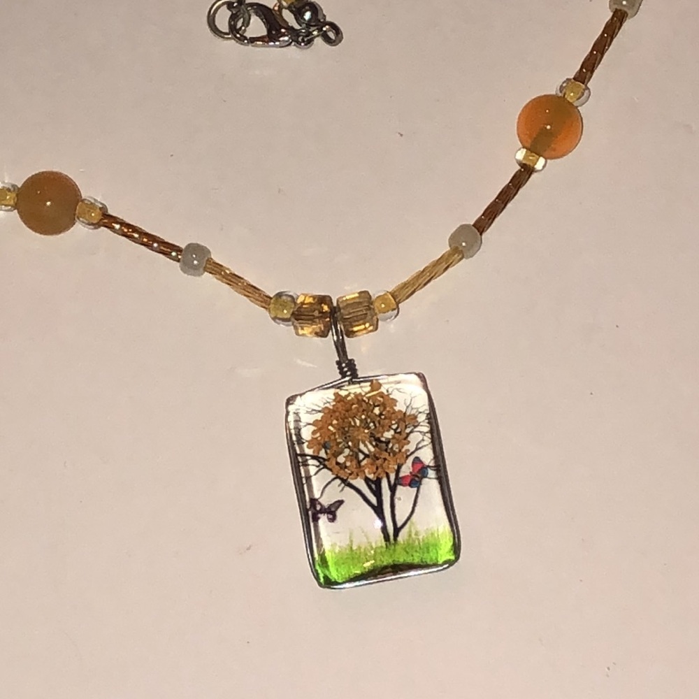 Glass Beaded Boho Necklace with Unique Tree Pendant